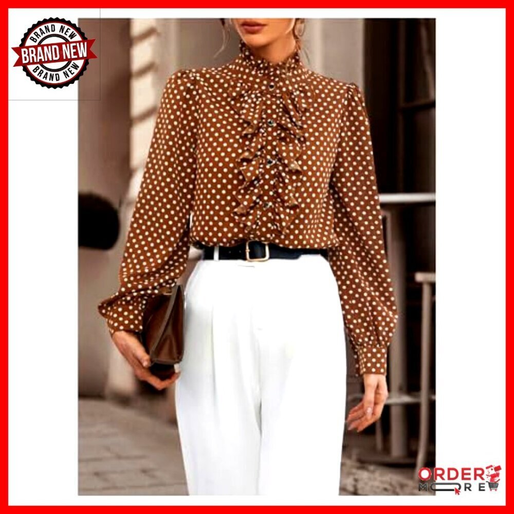 Polka Dot Satin Blouse Long Sleeve Button Up Shirt Business Casual - Picture 5 of 5
